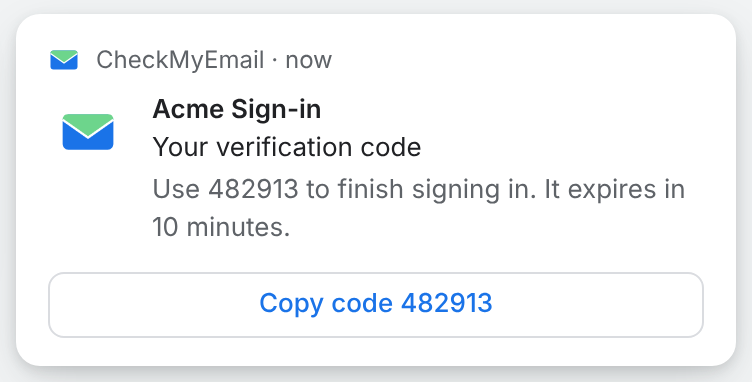 A CheckMyEmail desktop alert for a sign-in code, with a Copy code button
