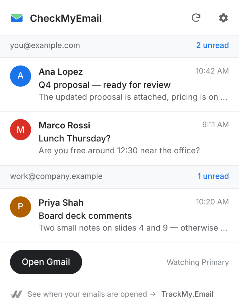 The CheckMyEmail popup listing new Gmail from two accounts